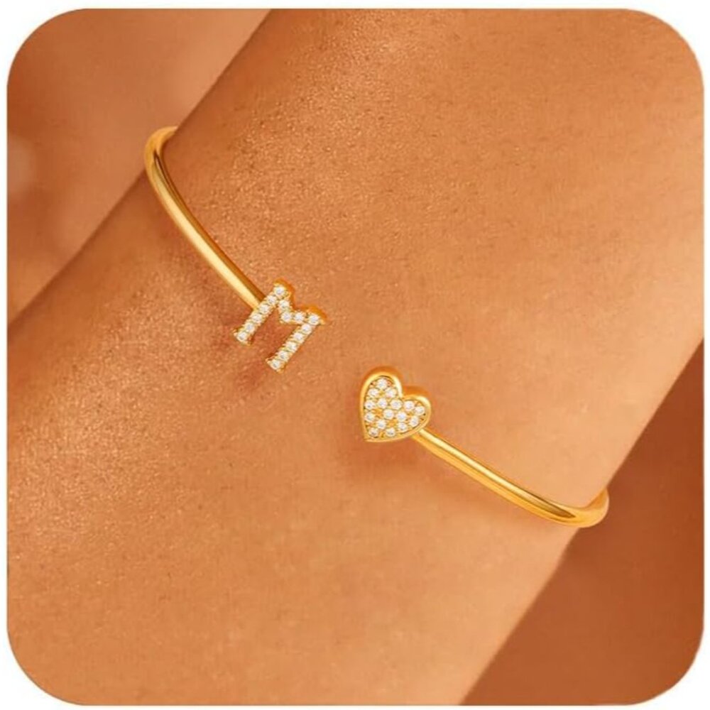 Adjustable Gold Initial Heart Bangle Bracelet For… - image 1